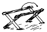 BUTCHERING RACK: To hold veal calves while butchering I made a rack as shown by taking some 2x4 pieces to make the crosses and some 4 inch fencing for the side rails. The rack is four feet long, has a rope with snap to pass over calf just in front of hind legs and fasten. Knock calf in head, place on rack and let head hang down over dish to catch the blood. Such a device can be used for tagging sheep.—Edgar H. Swart, N. Y.